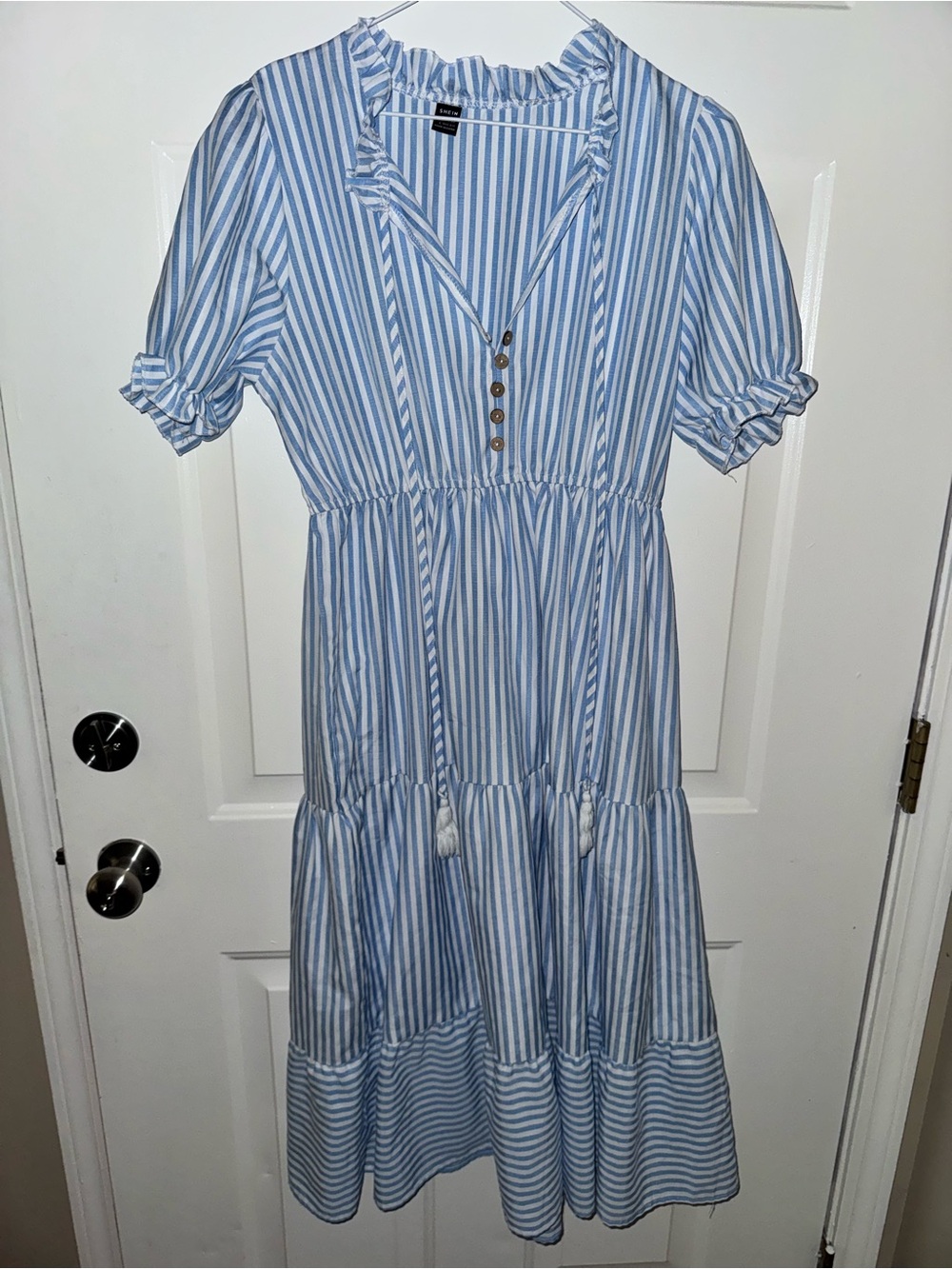 SHEIN Blue and White Striped Tiered Midi Dress